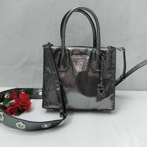 MICHAEL KORS Mercer Metallic Gray Leather Snakeskin Embossed Crossbody Bag - Picture 2 of 16